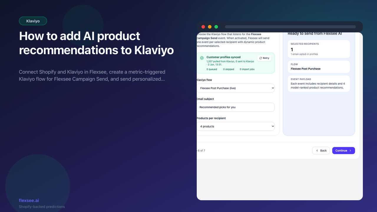 Wizard Flow Klaviyo setup – select a Flexsee Campaign Send flow and email subject before sending.