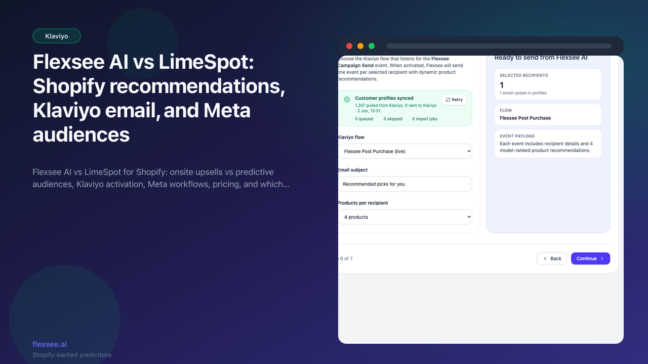 Wizard Flow Klaviyo setup — Flexsee Campaign Send compared with LimeSpot personalization