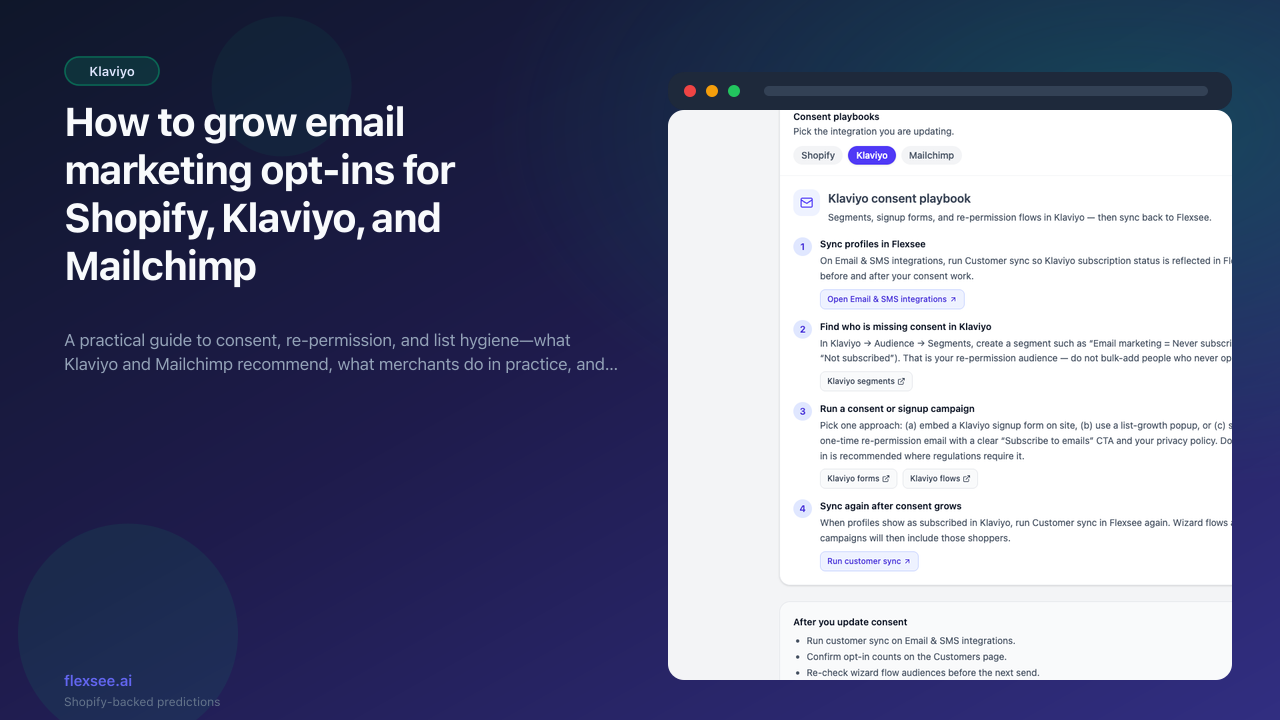 Flexsee email consent guide with tabbed Shopify, Klaviyo, and Mailchimp playbooks
