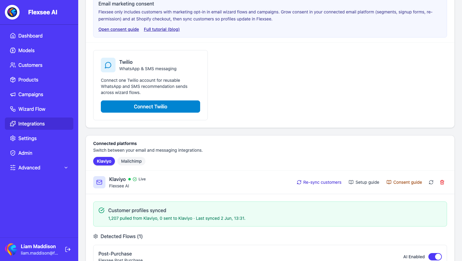 Flexsee Email & SMS – consent callout and connected Klaviyo integration