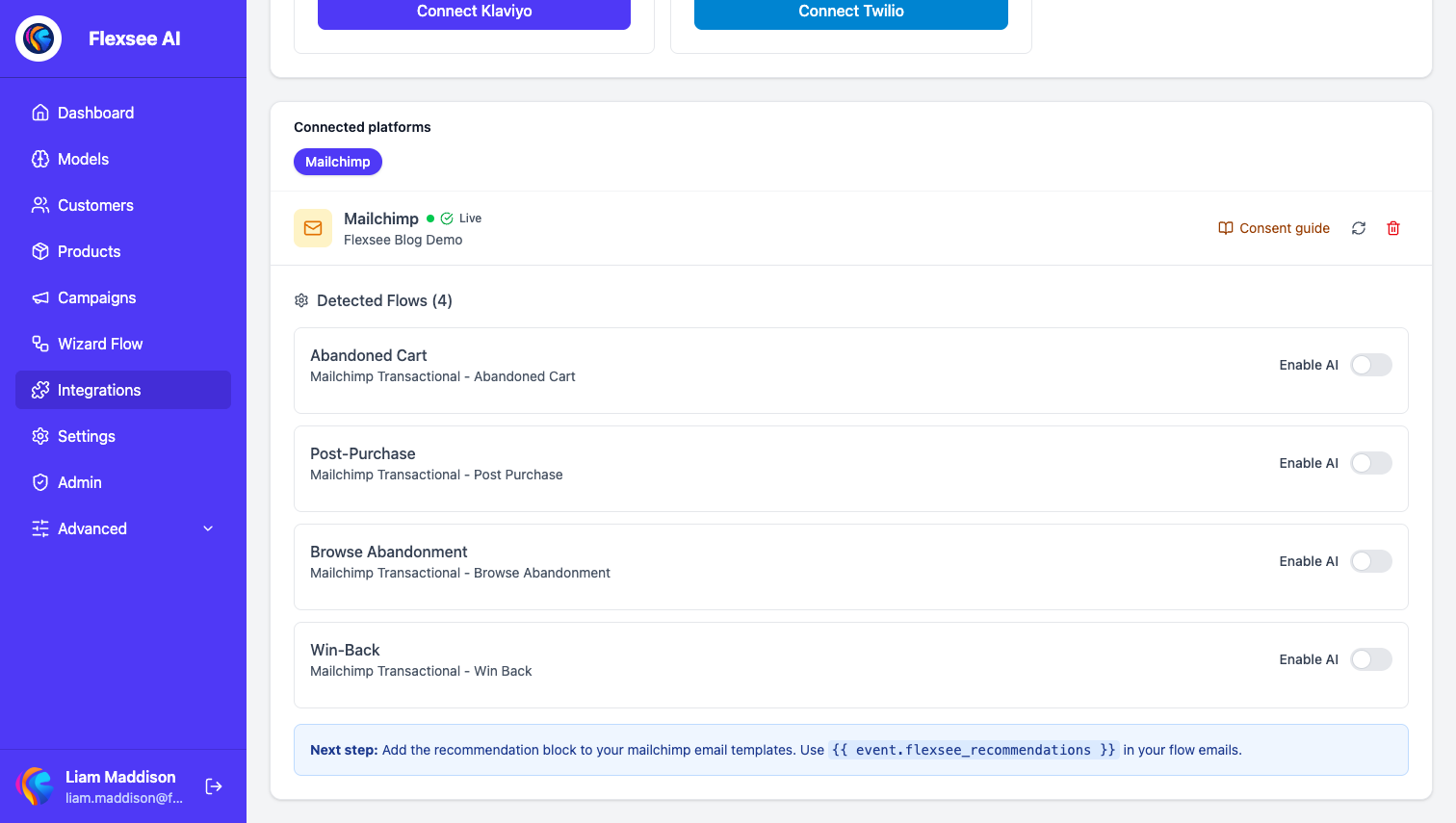 Flexsee Email & SMS — Mailchimp Transactional connected