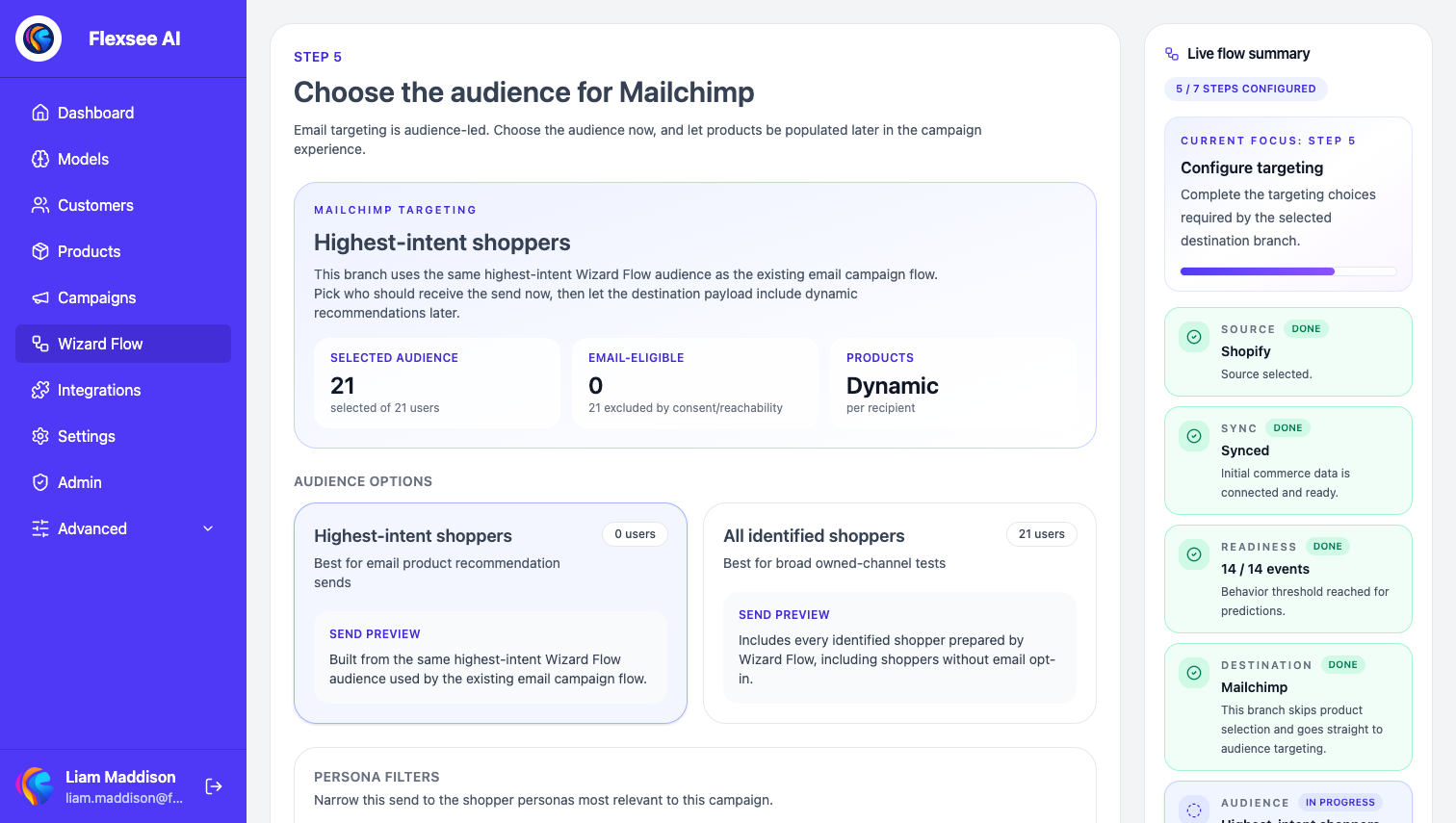 Wizard Flow — choose predictive email audience for Mailchimp
