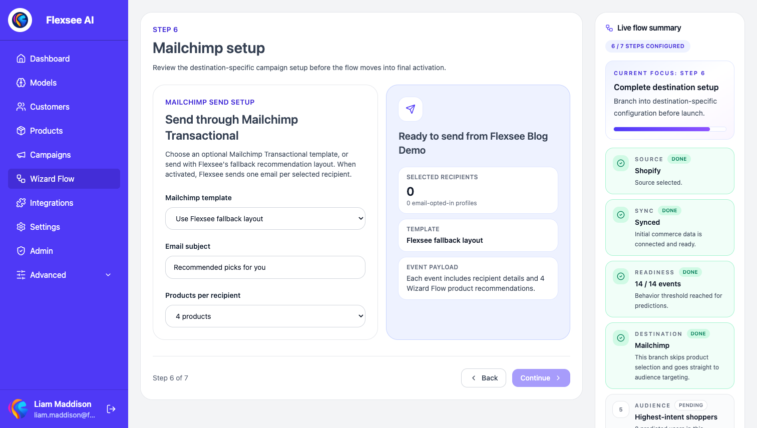 Wizard Flow Mailchimp send setup — template, subject, and products per recipient