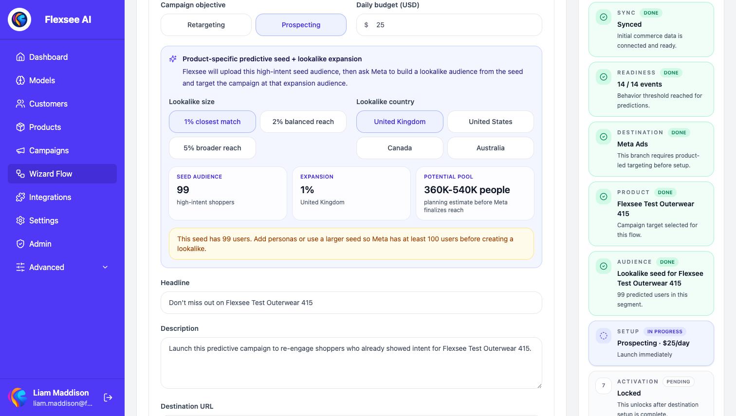 Wizard Flow Meta setup – budget, objective, and audience