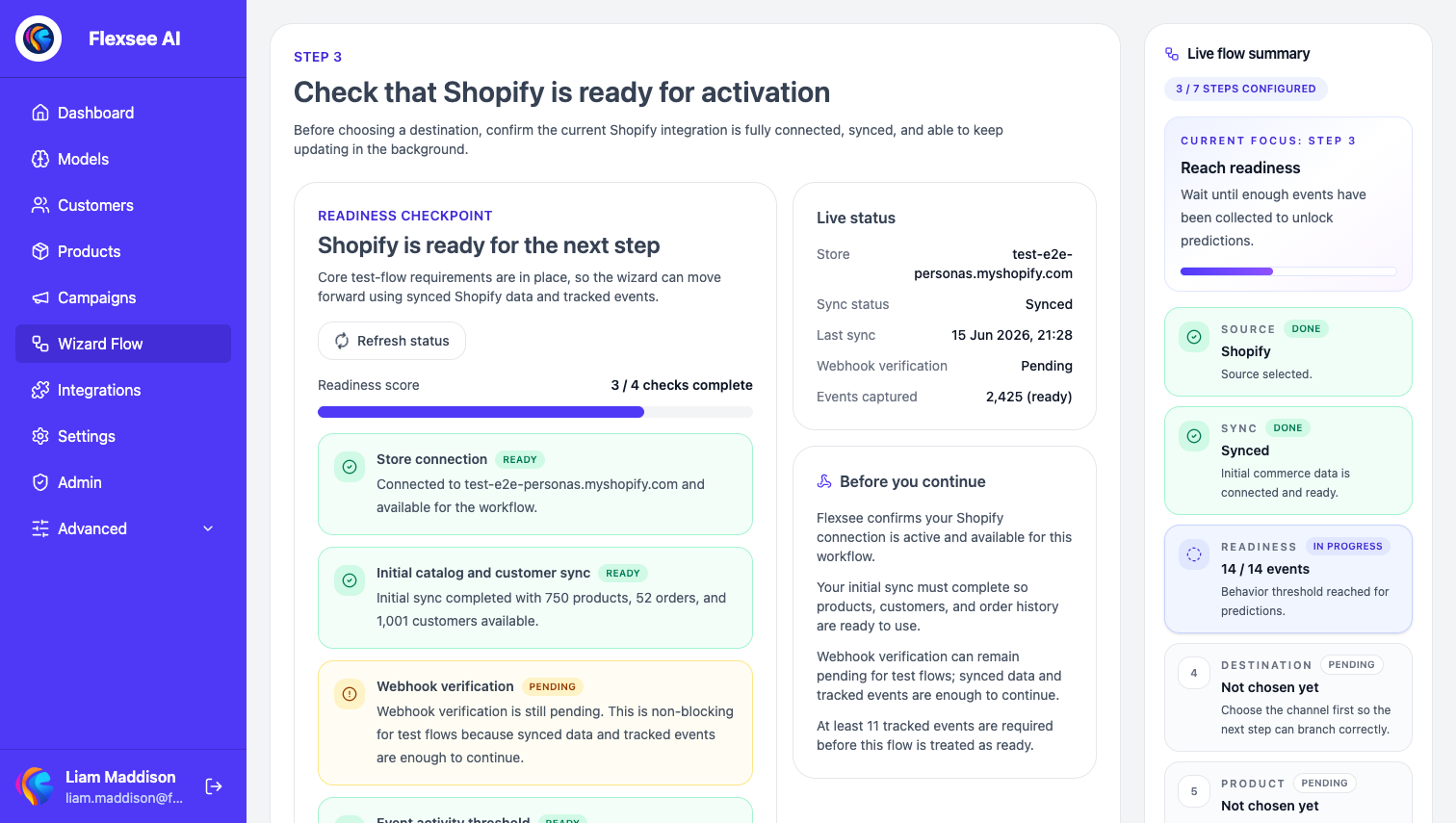 Wizard Flow readiness — Shopify store ready for predictions