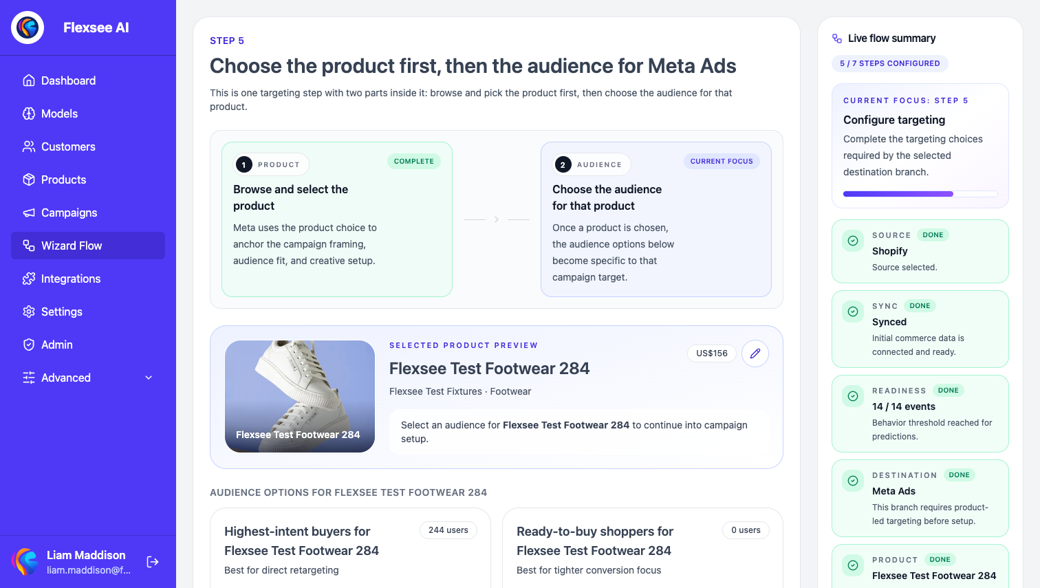 Wizard Flow targeting — predictive audience for a Shopify product