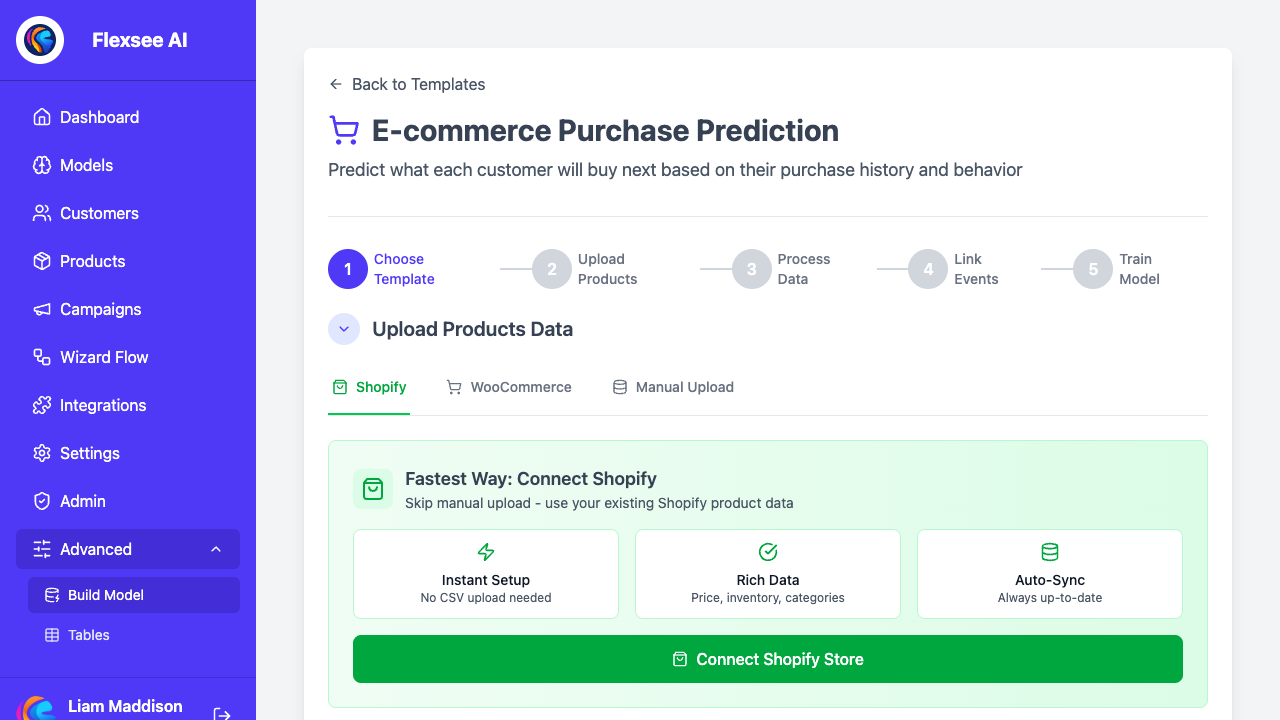 Build Model — e-commerce template with synced Shopify data