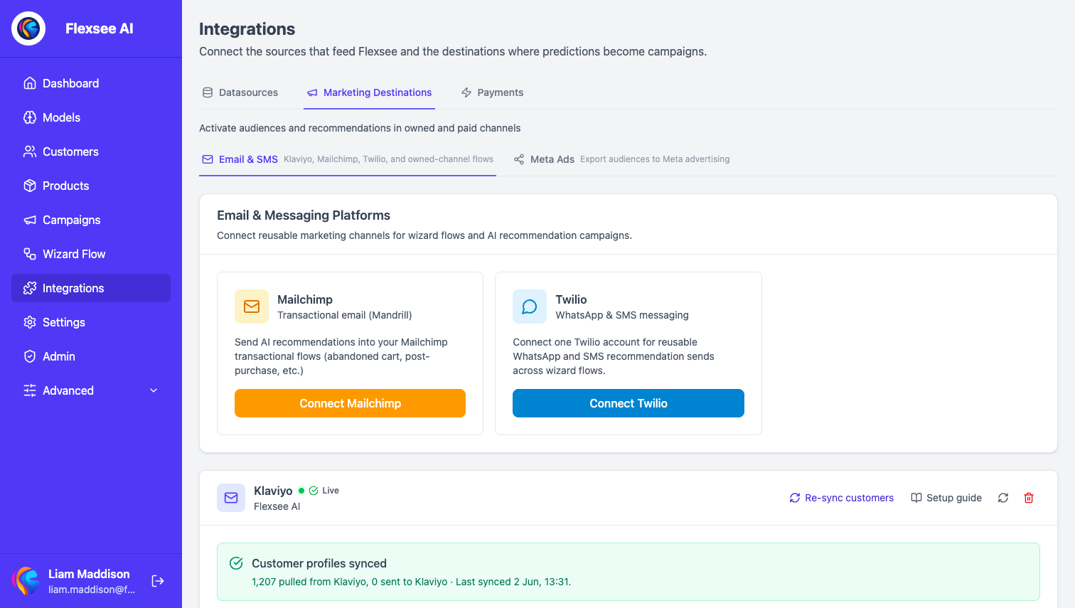 Flexsee Email & SMS — Klaviyo connected
