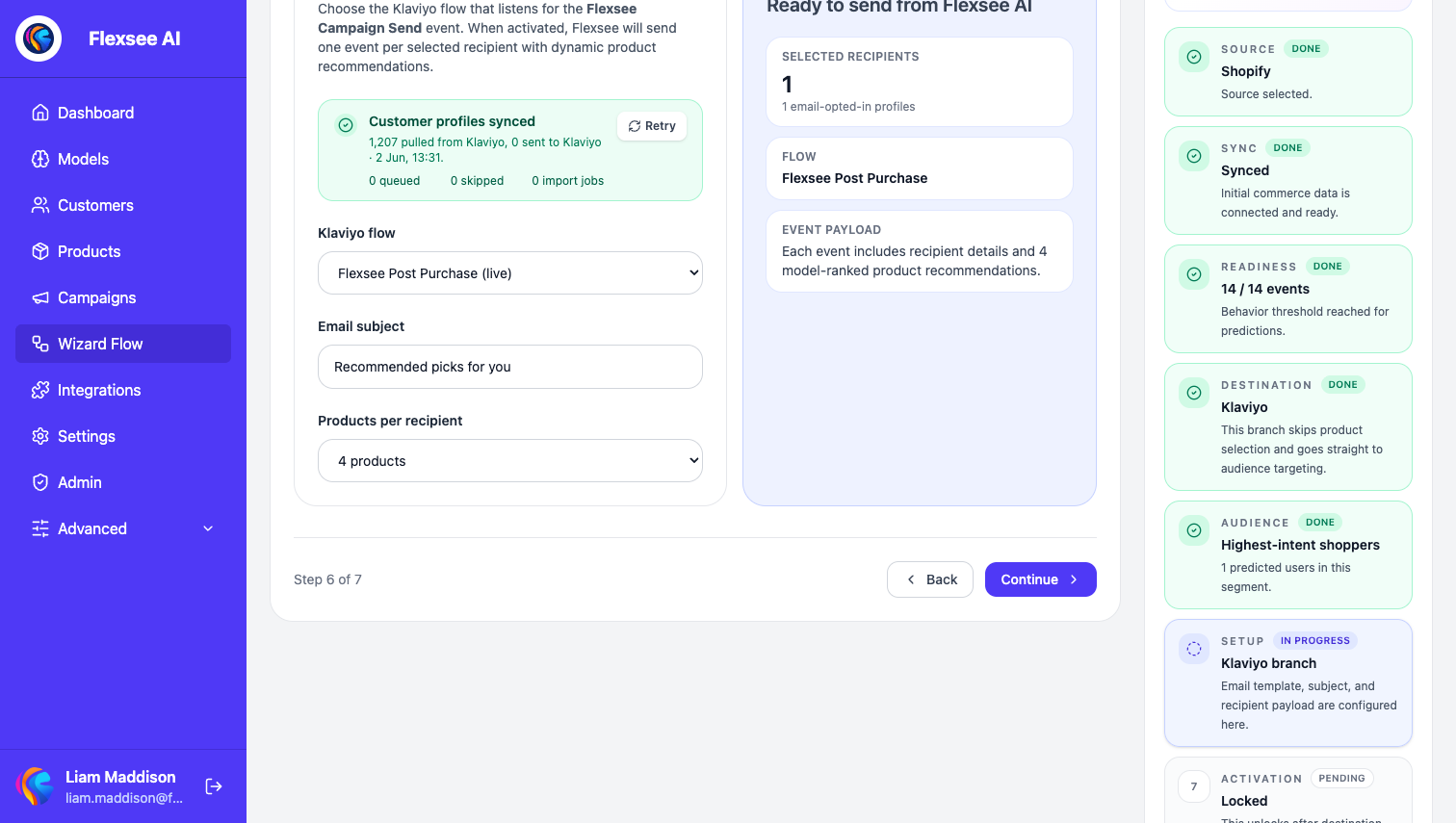 Wizard Flow Klaviyo send setup — flow picker and email subject